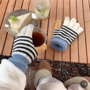 Women Winter Knitted Gloves Striped Color Block Patchwork Touchscreen Warm Outdoor Cycling Fashion Student Accessories