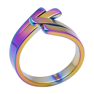 Close-up of rainbow gradient 304 stainless steel ring with multi-layered design