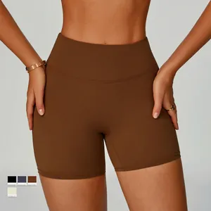 High-waisted brown recycled sports shorts for women with elastic yoga fitness compression fit