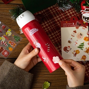 Christmas theme red vacuum flask with cute snowman and reindeer DIY waterproof stickers