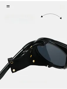 Detail of durable hinges and leather side shields with gold rivets on retro sunglasses