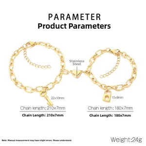 Detailed view of magnetic gold stainless steel heart lock and key couple bracelets set