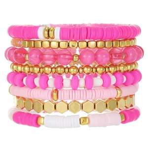 Bohemian multilayer pink polymer clay heishi beaded bracelet set with gold metal accents