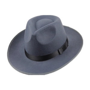 Classic dark grey wool felt fedora hat with black satin band and wide brim for men and women