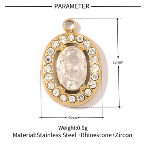 Detailed view of oval stainless steel pendant with sparkling zircon and rhinestones