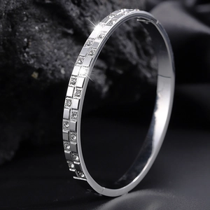 Polished silver titanium steel bangle with double row waffle crystal inlay design