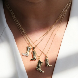 Golden 18k brass cowboy boot pendant necklaces for women with pave setting zircon accents