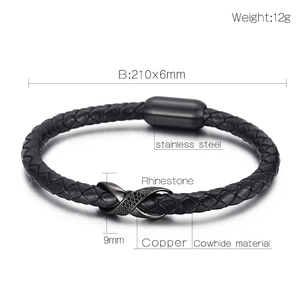 Detail view of woven cowhide leather bracelet with rhinestone infinity symbol and steel clasp