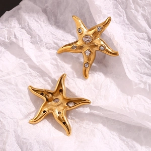 18K gold plated stainless steel starfish stud earrings with sparkling crystals for women