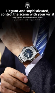 Luxury men's quartz watch with crystal bezel and blue textured dial on wrist