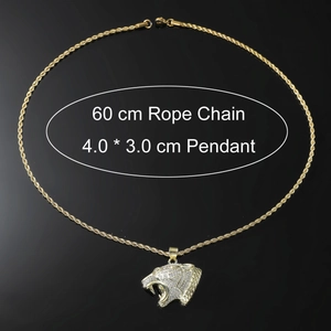 Close-up of gold 60 cm rope chain and iced-out lion head pendant on black background