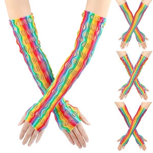 Rainbow Fishnet Gloves Long Fingerless Mesh Nylon Spandex Elastic Hollow Colorful For Festival Party Costume Punk Style
