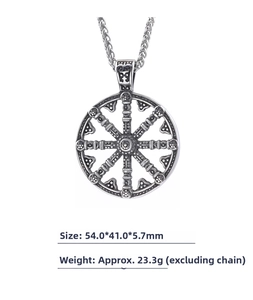 Detail view of Viking compass pendant with Slavic sun wheel design and dimension specs