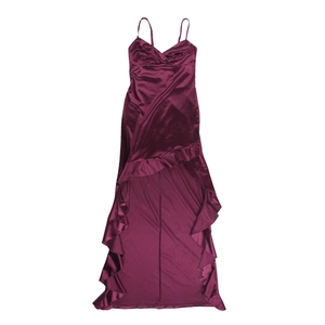 Detail of deep purple satin evening dress with ruffled irregular hem and silky texture