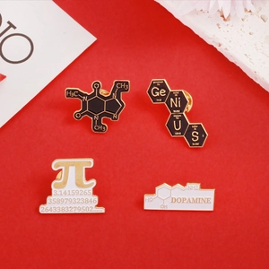 Science enamel pins set featuring Caffeine, Genius, Pi, and Dopamine molecular designs