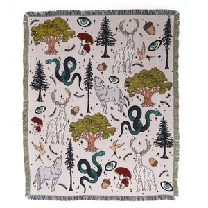 Bohemian jacquard woven camping blanket with forest deer and mystic eye patterns