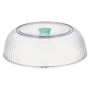 Transparente Abdeckhaube mit grünem Griff für Staub- und Insektenschutz in der Küche