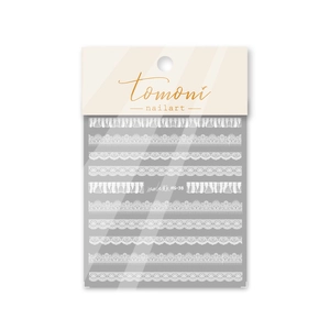 Tomoni MS-38 thin nail art stickers featuring elegant white lace patterns in retail packaging