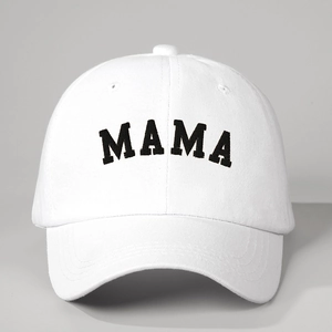 White cotton baseball cap featuring bold black MAMA embroidery with adjustable strap