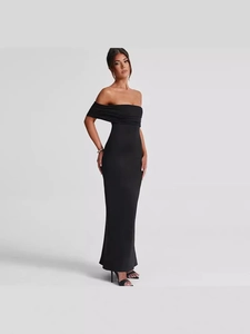 Elegant off-shoulder slim fit black maxi dress for women summer evening party wear