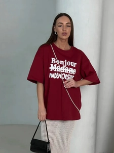 Burgundy oversize cotton T-shirt with Bonjour Madame graphic print for women
