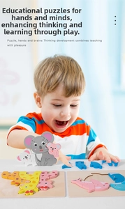 Detailed view of child playing with colorful 3D wooden animal puzzles for early education