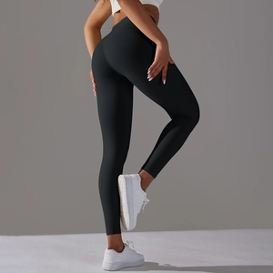 Detail view of high waist black yoga leggings showing seamless push up effect on the back