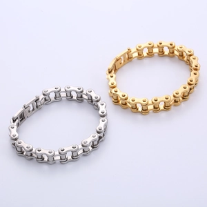 Punk style stainless steel bicycle chain bracelets in gold and silver finish on white background