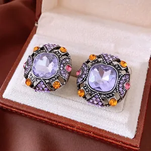 Alloy Square Purple Crystal Earrings With Silver Earring Post Vintage Rhinestone Palace Style Luxury Accessories