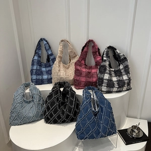 Fashionable plaid and denim tote bags in seven colors displayed on white steps