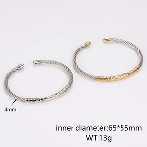 Two-tone 18K gold plated stainless steel cable wire open bangle with 4mm width