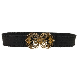 Elastic black waist belt for women with rhinestone bow buckle and ruffled lace detail