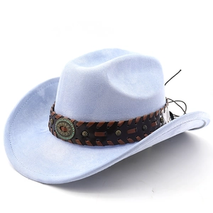 Close-up of light blue suede cowboy hat with braided leather band and metal buckle detail