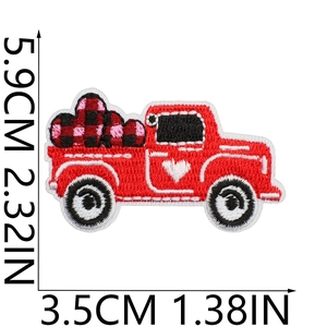 Detailed view of red truck embroidery patch with heart patterns and dimensions 5.9x3.5cm