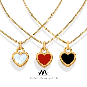 Collier Pendentif Cœur Double Face Acier Titane Plaqué Or 18K Nacre Émail Douce Chaîne À Künstliche Perles Satellite