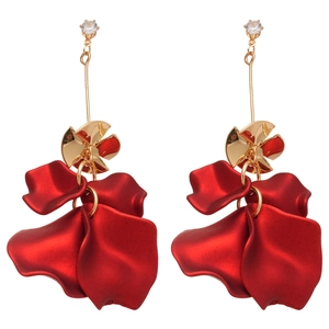 Elegant red acrylic rose petal tassel earrings with gold accents and sparkling zircons