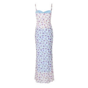 Detail of floral mesh dress featuring purple and pink flower patterns on white fabric