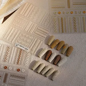 3D Embossed Nail Art Stickers 5D Relief Knitted Sweater Texture Retro Self Adhesive DIY Manicure Decals For Women
