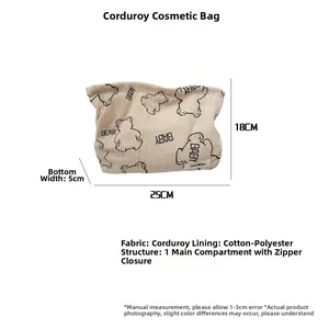 Corduroy bear pouch detail showing 25x18x5cm size specifications and zip closure