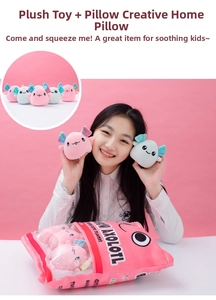Pink snack-bag style plush pillow featuring multiple mini axolotl dolls inside the zipper