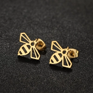 Bee Stud Earrings Stainless Steel Hollow Out Geometric Mini Animal Shape Fashion Jewelry For Women