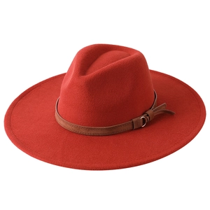 Elegant red felt fedora hat with a 9cm wide brim and decorative brown belt strap