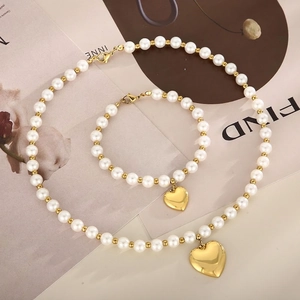 Heart Pendant Artificial Pearl Necklace Bracelet Stainless Steel French Retro Simple Elegant Jewelry For Women