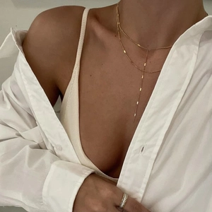 Double-layer gold stainless steel Y-shaped tassel necklace with rectangle stone ring