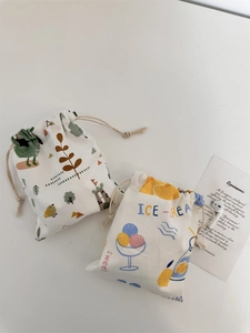 Fresh canvas drawstring storage bags with forest and sweet dessert patterns on white background