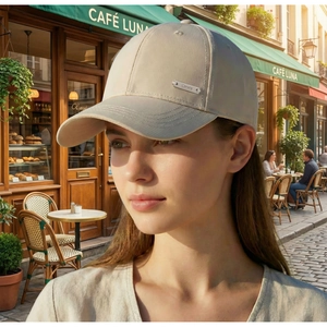 Detail of minimalist khaki baseball cap featuring silver metallic brand logo on side