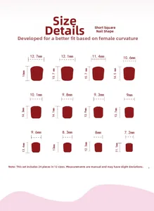 Detailed size guide for short square press-on nails with width and height measurements