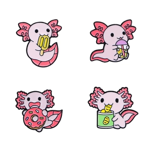 Lot de 4 épingles en émail axolotl mignon avec motifs de collations et bubble tea