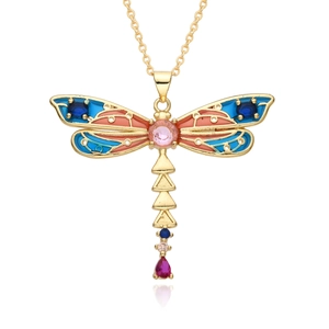 Fashionable golden dragonfly pendant necklace with colorful pink and blue crystals