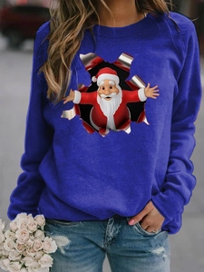 Close-up of Santa Claus 3D effect print on blue crew neck long sleeve sweatshirt